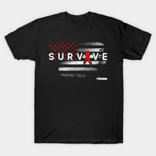 Myeloma Awareness Survive Flag Burgundy Ribbon In This Family No One Fights Alone T-Shirt